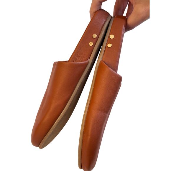 BEEK Cognac Brown Leather Slide Clogs Sz 6 Minimalist Slip-On Mules Quiet Luxury - Picture 2 of 6